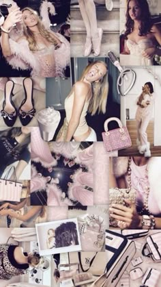 a collage of photos with women dressed in pink