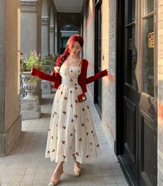 Conquer your coquette style game with this Cherry Embroidered 2-Piece Dress Set! This dress set features cherry embroidered dress with stretchy back (shirring) and accented waist, and a long sleeve cardigan in bold crimson red. Perfect for a daring adventurer exploring a castle or taking on any stylish challenge! Size S Bust: 82-88cm Waist: 60-68cm Length: 125cm Size M Bust: 84-90cm Waist: 64-70cm Length: 125cm Size L Bust: 86-92cm Waist: 68-78cm Length: 125cm Cute Dress For Tea Party, Cheap Red Princess Dress For Summer, Dress Combo For Women, White And Wine Dress, Floral Coquette Red Dress, Casual Tea Length Dress, Casual Dresses With Jackets, Cotage Dress, Cute Cherry Dress