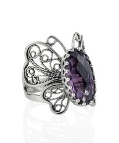 Sterling Silver Filigree Art Amethyst Gemstone Butterfly Cocktail Ring Butterfly Cocktail, Silver Butterfly Ring, Metal Embroidery, Worry Beads, Silver Cocktail, Rings And Necklaces, Filigree Jewelry, Silver Polish, Butterfly Ring