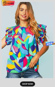 Multicolor Abstract Print Stitching Ruffle Sleeve Blouse Chic Multicolor Patchwork Blouse, Trendy Blue Patchwork Blouse, Trendy Multicolor Color Block Blouse, Trendy Multicolor Ruffle Sleeve Blouse, Spring Multicolor Tops With Ruffle Sleeves, Multicolor Color Block Tops For Spring, Trendy Multicolor Ruffled Tops, Spring Multicolor Ruffled Tops, Multicolor Patchwork Tops For Summer