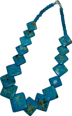 Costume jewelry in bone. Necklace turquoise, summer colored jewelry.  Lead free, a turquoise colored necklace with polished square pieces of artificial bone overlapping each other, necklace measures 20". Bohemian Rectangular Jewelry For Summer, Bohemian Rectangular Summer Jewelry, Handmade Blue Turquoise Necklace For Summer, Casual Turquoise Jewelry With Natural Stones, Turquoise Beaded Jewelry For Vacation, Unique Blue Jewelry For The Beach, Unique Blue Jewelry For Vacation, Casual Blue Jewelry With Natural Stones, Unique Turquoise Jewelry For Vacation