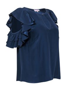 Transition from day to night in this breezy, ruffled, silky blouse from Parker! With a cold shoulder design, this blouse has the power to take you from day to night effortlessly. With its beautiful, rich navy hue, fun and flirty shoulder ruffles with cold shoulder design, and a sweet keyhole at neckline, she checks all the boxes. Wear your cutest wide leg jeans and '70s-inspired platform heels with big gold hoop earring to top off this look! Size S 100% Silk Pullover Unlined Round neckline with Blue Ruffled Tops For Evening, Chic Rayon Blouse With Ruffle Sleeves, Party Blouse With Flutter Sleeves And Ruffles, Silk Ruffled Top For Night Out, Summer Ruffled Viscose Tops, Elegant Cold Shoulder Tops For Spring, Viscose Blouse For Night Out, Chic Ruffle Sleeve Rayon Blouse, Casual Ruffled Viscose Blouse