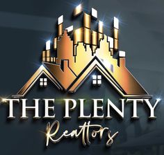 the plenty realtors logo is shown in gold on a dark background with bright lights