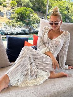 handmade crocheted hollow beach trumpet sleeve maxi cover-up dress BLUE ZONE PLANET Pool Outfits, Summer Cover Up, Maxi Dress For Women, Crochet Maxi Dress, Crochet Maxi, Trumpet Sleeve, Women Beach, Maxi Robes, Crochet Inspo