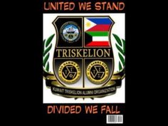 the logo for triskelon divided we fall, with an image of two flags on it