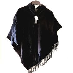 Nwt Steve Madden Black Fringe Poncho Size Xs/S New With Tag Black Pashmina Shawl For Fall, Black Poncho With Batwing Sleeve, Black Batwing Sleeve Poncho One Size, Black Poncho With Batwing Sleeve One Size, Black Shawl Cape For Fall, Black Batwing Sleeve Cape For Fall, Black Cape Shawl For Fall, One Size Black Casual Shawl, Black Batwing Sleeve Poncho For Fall