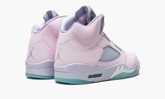 The Air Jordan 5 “Regal Pink” is a colorway of Michael Jordan’s fifth signature shoe that draws inspiration from springtime holiday with its use of pastel colors.  This May 2022 release of the vintage basketball shoe by Jordan Brand is designed with a Regal Pink synthetic nubuck upper and translucent netting on the sides, eyelet panels, and lower tongue.  The silver reflective tongue features a tonal embroidered Jumpman logo.  Jordan Brand nods to Easter by arranging the sock liner in an array o 2022 Shoes, Pink Jordans, Jordan New, Shoes Streetwear, Nike Air Jordan 5, Pink Ghost, Birthday Activities, Vintage Basketball, All Nike Shoes