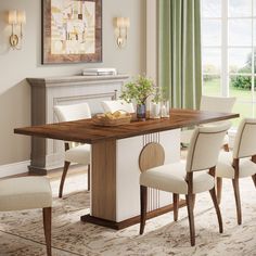 a dining room table with four chairs and a bench in front of a fireplace area