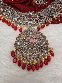 AD Red Stone Red Beads Dual Polish Neckline Necklace with Matching Screwback EarringsColor : Victorian and GoldenSize : Earring Length : 2 inches;Stones : AD Red Stone Pearls Red Beads Necklace For Neckline, Red Stone, Red Bead, Indian Jewelry, Beads, Stone, Red