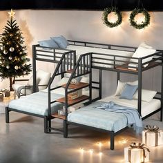 a bunk bed next to a christmas tree with presents on the floor and lights around it