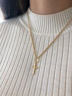 14K Yellow Gold Cross Chain. 20 inch. Rope Chain. Simple Cross. Adjustable in the back weight is 4.6 gram width is 2mm Pendant Minimalist, Cross Gift, Lapis Earrings, Simple Cross, Gold Cross Necklace, Cross Chain, Gold Bead Necklace, Gold Cross Pendant, Ball Necklace