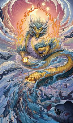 a painting of a dragon sitting on top of a body of water with fire coming out of its mouth