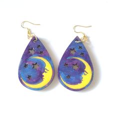 Handpainted wooden moon earrings. These are handpainted with acrylic paint and sealed with uv resin. Light weight! Great Halloween earrings! Goth or wiccan earrings! Great gift idea! Hand Painted Earrings Wood, Earring Painting, Wiccan Earrings, Ideas For Clay, Fire Earrings, Wooden Moon, Pumpkin Jewelry, Jewelry Molds, Resin Light