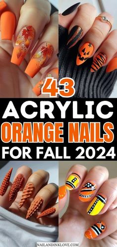 Fall Tree Nail Art, Halloween Nail Designs Orange, Fall Orange Nail Designs, Orange Fall Nail Ideas, Orange Fall Acrylic Nails, Fall Orange Nails Acrylic, Orange Halloween Nail Designs, Organge Nails, Purple And Orange Nail Designs