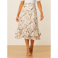 Featuring pretty ditsy floral prints, this midi skirt is a summer option that can be worn with just about anything. Channel elegant style in this midi skirt which is beautifully printed with a blossom pattern for a versatile look. It is made of lightweight fabric, adding definition to the free-flowing design. Falling to a waterfall midi hem, it sits high on the waist with a discreet side zip fastening. Summer days call for effortlessly feminine styles like skirts. Flowy Ruffled Midi Length Skirt, Summer Bottoms With Ruffle Hem And Midi Length, Summer Tiered Maxi Skirt For Brunch, Summer Brunch Maxi Tiered Skirt, Summer Brunch Tiered Maxi Skirt, Flowy Summer Midi-length Bottoms, Flowy Midi Length Skirt For Brunch, Spring Midi Bottoms With Ruffle Hem, Spring Tiered Maxi Skirt With Lining