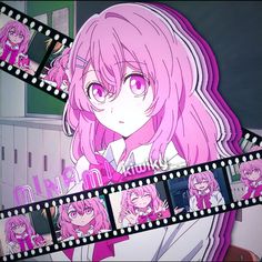 a girl with pink hair and glasses holding a camera in front of a film strip