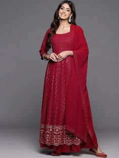 * Women Embroidered Pleated Sequinned Kurta with Palazzos & With Dupatta Pakistani Salwar Kameez / Indian Wedding Dress / Plus Size Cotton Dress Traditional Indian Wear / Salwar Kameez Dupatta / Kurti Palazzo Set / Hand Embroidery kurta *  Maroon embroidered Kurta with Palazzos with dupatta  * Kurta design:-  *  Geometric embroidered   *  A-line shape   *  Pleated style   *  Round neck,  three-quarter regular sleeves   *  Sequinned detail   *  Calf length length with flared hem   *  Georgette fa Festive Traditional Sharara Maxi Length, Navratri Mirror Work Maxi Kurta, Festive Traditional Maxi Length Sharara, Traditional Maxi Length Palazzo Set With Resham Embroidery, Bollywood Anarkali Set In Georgette For Eid, Traditional Zari Work Maxi Length Palazzo Set, Traditional Zari Work Maxi Palazzo Set, Red Straight Kurta Dress With Mirror Work, Navratri Floor-length Kurta With Dabka Work