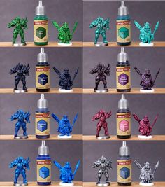 the bottles are filled with different types of paint for warhammers and space marines