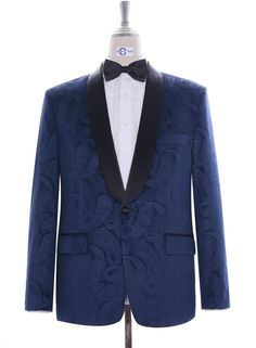 Navy Blue Paisley Tuxedo Jacket For Men Fabric: 100% Velvet Pattern: Paisley Color Velvet Color: Navy Blue JACKET: 1 Buttons Jacket, covered button High button jacket Shawl collar, black satin on the lapel 1-1 jacket front hips pocket with flap 4 buttons non-working cuff Double vent at the back of the jacket matching paisley lining 4 inside working pocket   Dry clean only Tailor-made N.B These Suits are tailored to fit Note: Dear valuable customers this suit is made to order. Processing time 3-4 working weeks. For emergency dispatch please contact us via email. Thank you for your patience