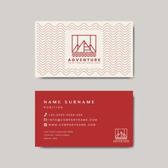 the business card is designed to look like waves, and has a red color scheme