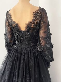 Black gothic 3D floral embroidered lace wedding dress | Etsy Wedding Ball Gown With Floral Applique, Wedding Gown With Floral Applique And Fitted Bodice, Elegant Ball Gown With Floral Applique And Fitted Bodice, Gala Lace Evening Dress With Floral Applique, Lace Evening Dress With Floral Applique For Wedding, Lace Evening Dress With Floral Applique For Gala, Gala Evening Dress With Floral Applique Lace, Elegant Fitted Ball Gown With Floral Applique, Wedding Dress With Floral Applique And Fitted Bodice