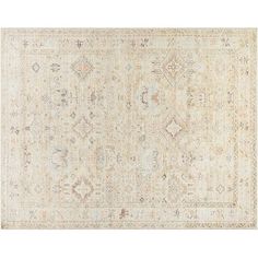 an antique rug with many different colors and patterns on the carpet, including beiges