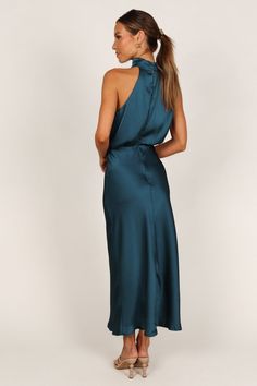 Anabelle Halter Neck Maxi Dress - Teal - Petal & Pup USA High Neck Satin Dress For Date Night, Satin Midi Dress With Ruched Back, Satin High Neck Dress For Date Night, High Neck Dress With Ruched Back For Party, Party Dress With Ruched Back And High Neck, Chic Midi-length Satin Dress For Wedding Guest, Chic Bridesmaid Midi Dress With Ruched Back, Party-style Midi Dress With Ruched Back, Party Midi Dress With Ruched Back