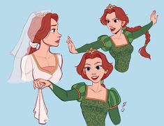 two women dressed as princesses, one in green and the other in white with red hair