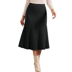 Allegra K Stretch High Waist Skirt for Women's Lettuce Trim Pull-On Winter Long Knit Skirts This long knit skirt features a flattering high waist design and a pull-on style, making it effortless to wear and perfect for everyday or dressier occasions. The soft and cozy knit material provides warmth during cooler weather while maintaining breathability. The lettuce trim detail adds a feminine touch to the skirt, creating subtle ruffled edges along the hemline. Color: Brown.  Gender: female.  Age G Winter Ribbed Stretch Skirt, Winter Stretch Maxi Skirt With Lined Detail, Chic Stretch Knit Skirt, Stretch Knit Ribbed Skirt, Knit Black Midi Skirt, Long Knit Skirt, Knit Skirts, High Waist Skirt, Long Knit