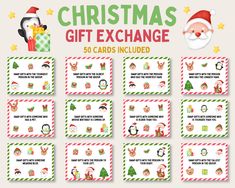 christmas gift exchange cards with santa claus and penguins in green, red and white stripes