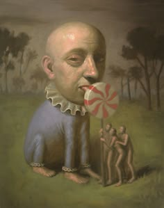 a painting of a man eating a lollipop with two other men in the background