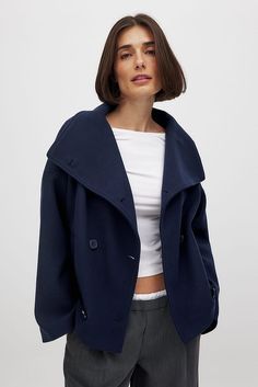 Double Breasted Short Coat Navy | NA-KD Uni Clothes, Long Sleeve Coat, Korean Casual, Long Sleeves Coats, Soft Summer, Clothing Hacks, Trend Fashion, Fabric Names, American Women