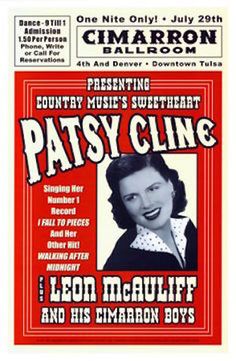 the poster for patsy cline's show at cimaron ballroom on july 28