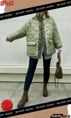 Quilted Pockets O Neck Jacket Green Quilted Coat Outfit, Sage Green Puffer Jacket Outfit, Casual Spring Puffer Parka, Trendy Winter Outerwear With Multiple Pockets, Green Stand Collar Outerwear With Pockets, Oversized Quilted Jacket For Workwear, Winter Quilted Utility Outerwear, Olive Long Sleeve Winter Parka, Green Long-sleeve Puffer Jacket With Pockets