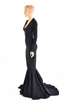 Black Zen Soft Knit Morticia V-Neck Gown with Long Sleeves and Gown With Long Sleeves, Glamorous Dresses, Wiggle Dress, Olive Branch, Dress Cuts, Moda Fashion, Soft Knits, Deep V, Zen