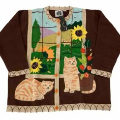 New With Tag. Sz 2x Ramie/Cotton Blend Brown/Tan With Cats And Sunflowers. Floral Buttons Measurements- 26” Pit To Pit 26.5” Collar To Cuff 27.5” Shoulder To Hem Funky Sweaters, Halloween Cardigan, Vintage Storybook, Knits Sweaters, Sweaters Vintage, Sweater Plus, Tabby Cats, Earthy Outfits, Really Cute Outfits