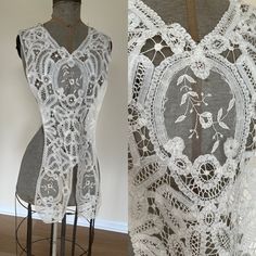 Amaizing anti Edwardian lace overlay.  This would have been worn over a slim line dress from 1910.   At one point it likely also had waist ribbons that tied at the side.  I would bet this garment had very specific name but admittedly I don't know what it was.  I do know it is made of a handmade tape like similar ot Battenberg and has insets of princess lace.   No sizing.   Sold as Found.  I did not clean this as I didnt want the lace to distort. Elegant Scalloped Lace Top, Elegant Scalloped Lace Top For Daywear, Elegant Cotton Lace Daywear Top, Elegant Cotton Lace Top With Lace Work, Fitted Cotton Lace Dress With Lace Trim, Fitted Bohemian Lace Top, Fitted Lace Dress For Daywear, Fitted Bohemian Lace Top For Daywear, Victorian Lace For Vintage Events