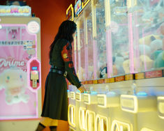 a woman standing in front of a vending machine