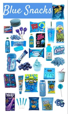 blue snacks are arranged in the shape of a circle with candy, candies and other items