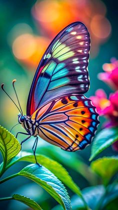 a butterfly sitting on top of a green leaf next to pink and yellow flowers with bright lights in the background