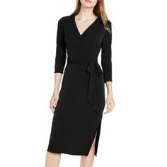 Size Type: Regular Style Type: Wrap Dress Occasion: Cocktail Skirt Length: Knee Length Inseam: Made In: China Material: 95% Polyester/5% Spandex Care: Machine Wash Suggest Retail Price: 89.50 Fitted Black Wrap Dress With Tie Waist, Formal Knee-length Faux Wrap Dress, Black Wrap Dress For Night Out, Fitted Knee-length Faux Wrap Dress, Fitted Formal Midi Dress With Faux Wrap, Formal Fitted Faux Wrap Midi Dress, Formal Fitted Midi Dress With Faux Wrap, Fitted Faux Wrap Midi Dress For Date Night, Black Wrap Dress For Date Night