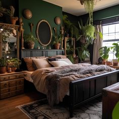 a bed room with a neatly made bed and lots of plants