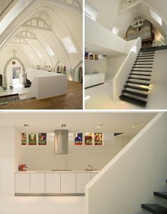 the interior of a modern house with white walls and stairs