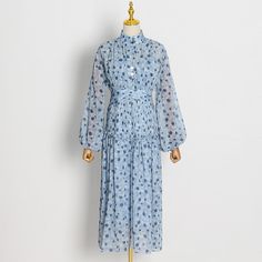 Size Bust Waist Length cm inch cm inch cm inch S 84 33 68 27 110 43 M 88 35 72 28 111 44 L 92 36 76 30 112 44 High Neck Long Dress, Long Sleeve Dresses Fall, Long Sleeves Dresses, Lantern Sleeves, Waist Length, Blue Dresses, Vintage Dresses, High Neck Dress, Dresses With Sleeves