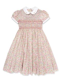 pink multicolour print cotton blend all-over floral print flared skirt flared hem smocked waist rear tie fastening short sleeves Floral Print Cotton Dress, Floral Dress Pink, Sarah Louise, Dress With Jean Jacket, Girls Casual Dresses, Dolce And Gabbana Kids, Printed Cotton Dress, Pink Floral Dress, 50s Fashion