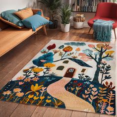 a living room with a large rug on the floor and colorful furniture in front of it