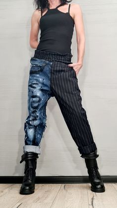 "Extravagant Denim Pants, Asymmetric Denim Harem Pants, Painted Streetwear Pants, Deconstructed Denim, Women Denim Harem ❤️ Extravagant designs and high quality fabrics! ❤️ Materials & Care Denim, Cotton, Textile Hand wash at low temperatures. Do not machine dry. Do not iron. Do not dry clean! ❤️ Sizing We can make your piece from XS to 5XL! Everything in the shop can be also made according to your measures free of charge! ❤️ Shipping ✈ Ready to ship The time I need to prepare an order for s Dapper Women Outfits, Streetwear 2023 Women, Asymmetrical Denim Blue Denim Bottoms, Dark Wash Deconstructed Cotton Bottoms, Spring Wide Leg Deconstructed Jeans, Spring Deconstructed Denim Bottoms, Baggy Denim Bottoms With Edgy Style, Edgy Baggy Denim Bottoms, Edgy Baggy Denim Blue Bottoms