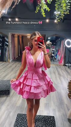 bow straps pink plunge A-line tiered ruffle short homecoming dress #homecomingdress #homecoming2024 #hocodress #winterformal2025 #graduationdress #partydress #winterformaldress #fallball #balldress #highschoolball #juniorpromdress #pageantdress #cocktaildress #minidress #partydress #sweet16dress #birthdaydress #concertoutfit Bow Straps, Winter Formal Dresses, Junior Prom Dresses, Winter Formal, A Line Shorts, Short Homecoming Dress, Sweet 16 Dresses, Pageant Dress, Ruffle Shorts