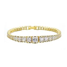 "This stunning 14k gold over sterling silver cubic zirconia tennis bracelet is a must-add to your fine jewelry collection. This stunning 14k gold over sterling silver cubic zirconia tennis bracelet is a must-add to your fine jewelry collection. Length: 7 in. Metal: sterling silver Plating: 14k gold Finish: polished Additional details: cubic zirconia accents Packaging: boxed Gemstones may have been treated to enhance their appearance. Special care may be required. Please visit our Gemstone Treatm Adjustable Gold Tennis Bracelet With Brilliant Cut, Gold Cubic Zirconia Bracelet With Diamond Accents For Anniversary, Gold Tennis Bracelet With Brilliant Cut Cubic Zirconia, Gold Tennis Bracelet With Prong Setting, Gold Tennis Bracelet With Sparkling Stones For Anniversary, Gold Prong Setting Tennis Bracelet, Gold Cubic Zirconia Tennis Bracelet With Prong Setting, Gold Tennis Bracelet With Sparkling Cubic Zirconia, Formal Gold Bracelet With Sparkling Cubic Zirconia