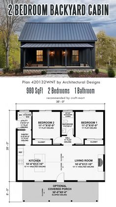 two bedroom backyard cabin plans with lofts and living quarters are shown in this floor plan